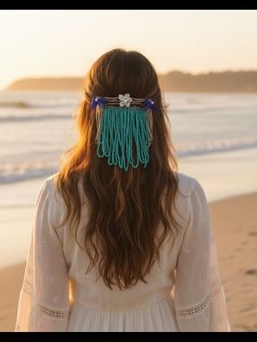 Teal Beaded Fringe Hair Clip with Purple Ribbon and Silver Flower